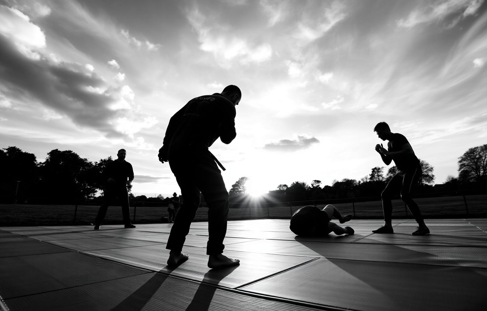 Silhouettes training at sunset